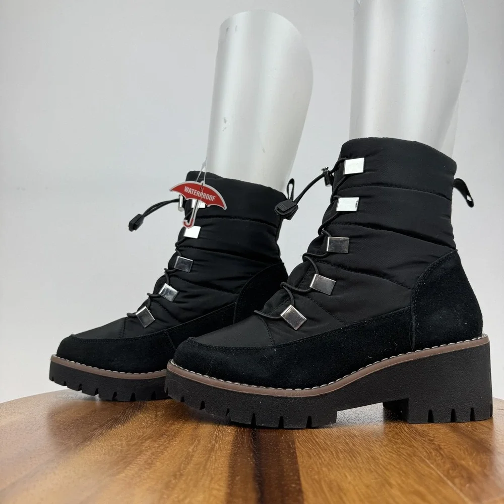 New Womens Blondo Daylor Black Quilted Nylon Waterproof Casual Heel Boots Sz 6.5